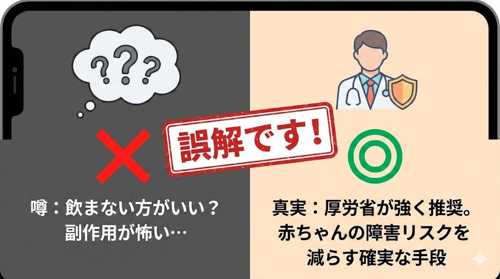 葉酸サプリは飲まない方がいいという噂は誤解。厚生労働省が推奨する医学的真実との比較図解。