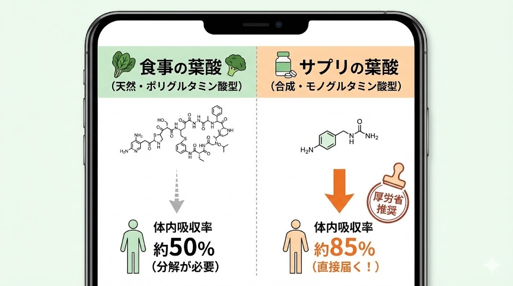 食事由来の天然葉酸とサプリメントの合成葉酸(モノグルタミン酸型)の体内吸収率の違いを比較した図解。サプリの吸収率が高い理由を説明。