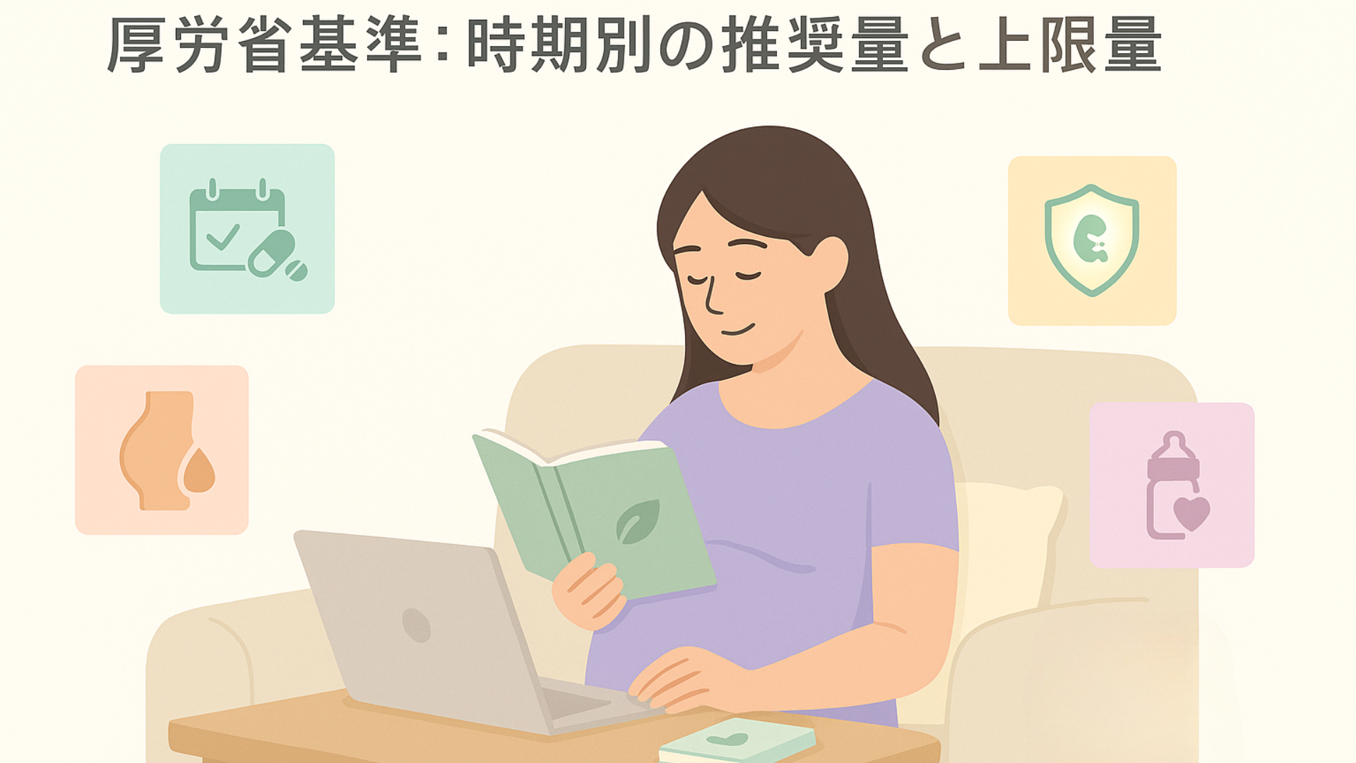 厚生労働省基準に基づく、時期別の葉酸推奨量と上限量を学ぶ妊婦のイラスト入りヘッダー