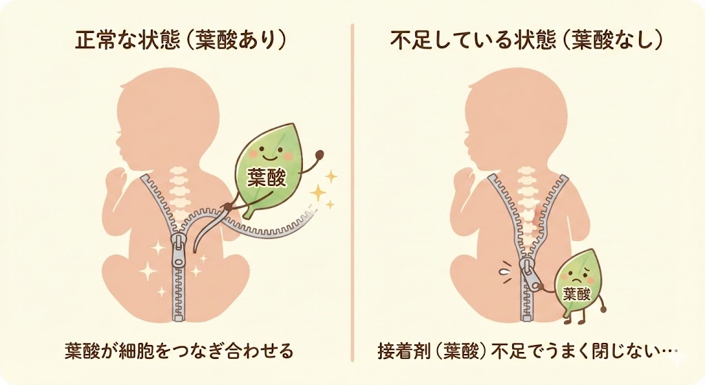 葉酸不足による神経管閉鎖障害の発生メカニズム図解。背骨の形成をジッパーに例え、葉酸がある正常な状態と、不足して閉鎖障害(二分脊椎)が起きた状態を比較したイラスト