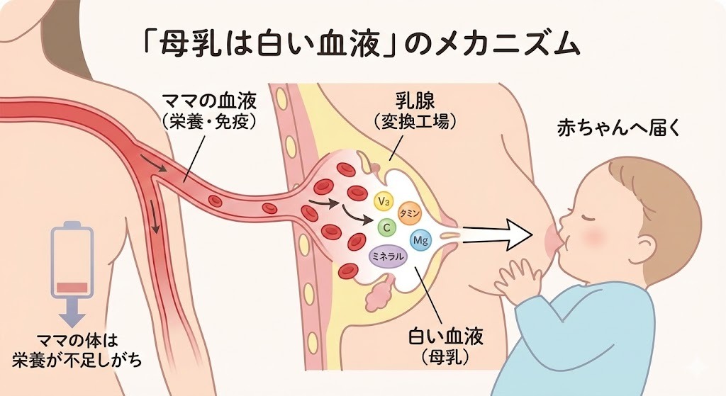 母親の血液中の栄養素が乳腺で変換され、母乳として赤ちゃんに届けられる仕組みを示した図解。