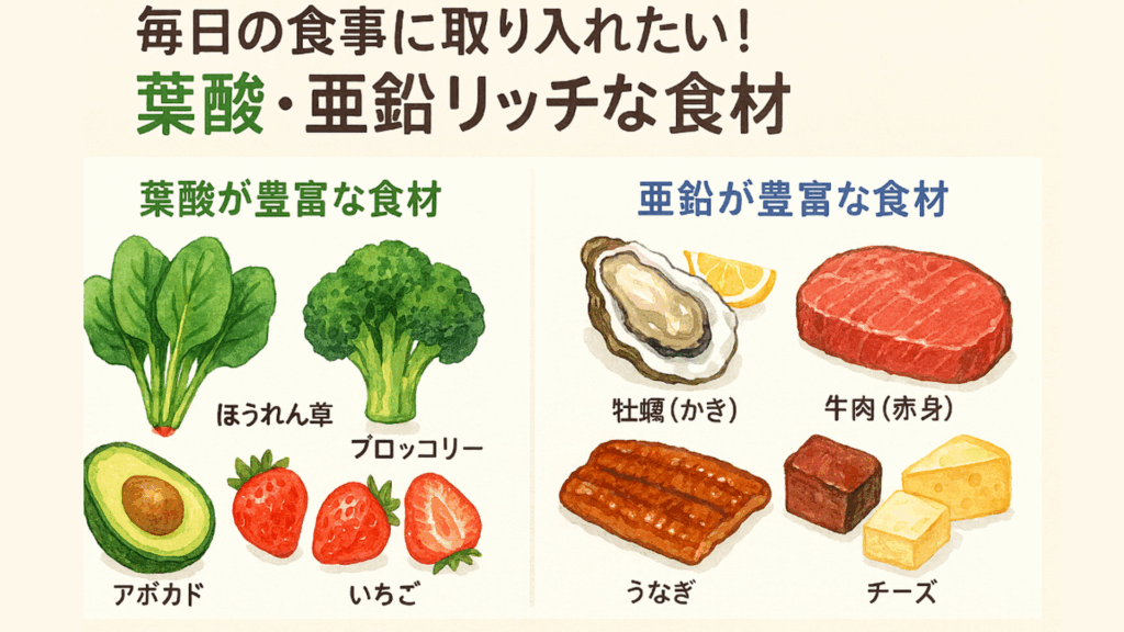 「毎日の食事に取り入れたい！葉酸・亜鉛リッチな食材」と書かれた図解。
左側には「葉酸が豊富な食材」として、ほうれん草、ブロッコリー、アボカド、いちごのイラスト。
右側には「亜鉛が豊富な食材」として、牡蠣（かき）、牛肉（赤身）、うなぎ、チーズのイラストが描かれている。
