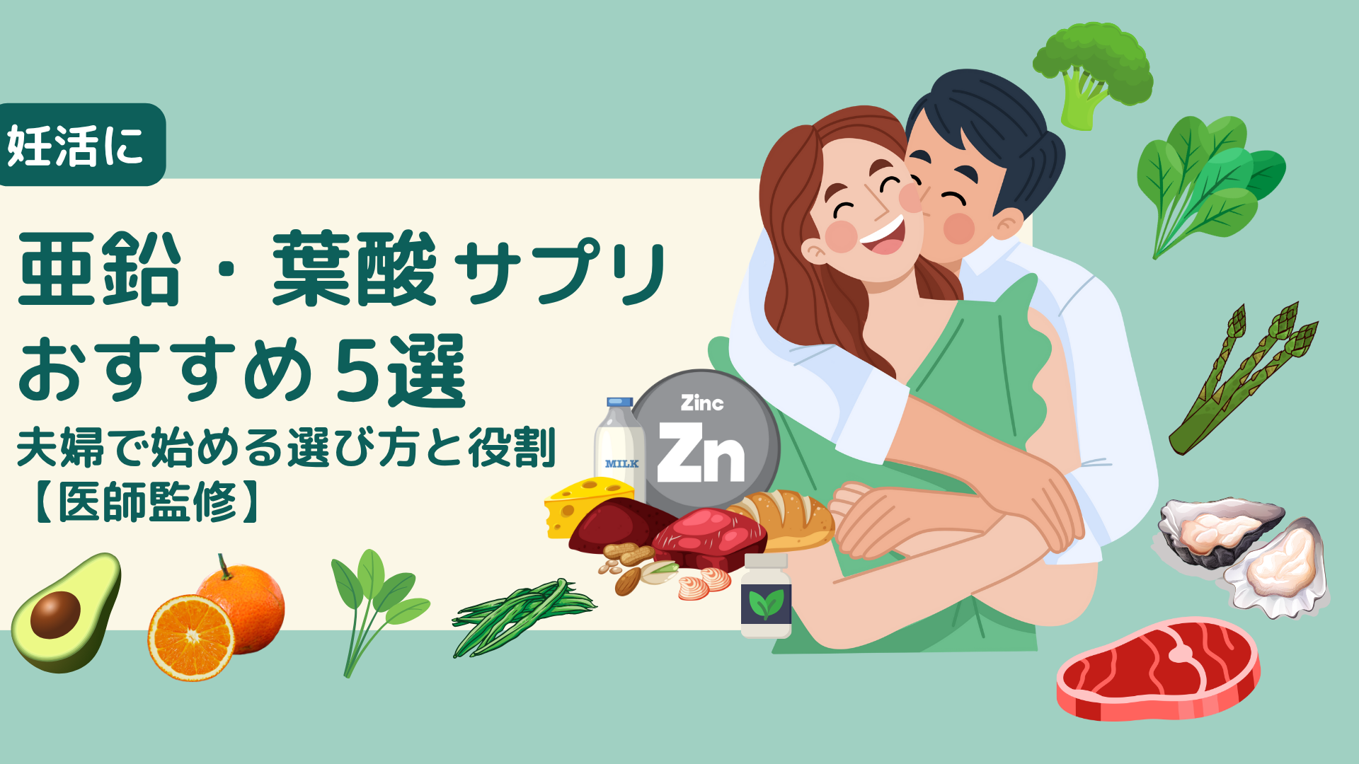 「妊活に」と書かれた見出しの横で、仲良く寄り添う夫婦のイラスト。 中央に「亜鉛・葉酸サプリおすすめ5選 夫婦で始める選び方と役割【医師監修】」と書かれている。 周囲にはアボカド、オレンジ、ほうれん草、ブロッコリー、アスパラガス、牡蠣、肉、チーズ、牛乳、ナッツなど、亜鉛や葉酸を多く含む食材のイラストが並んでいる。