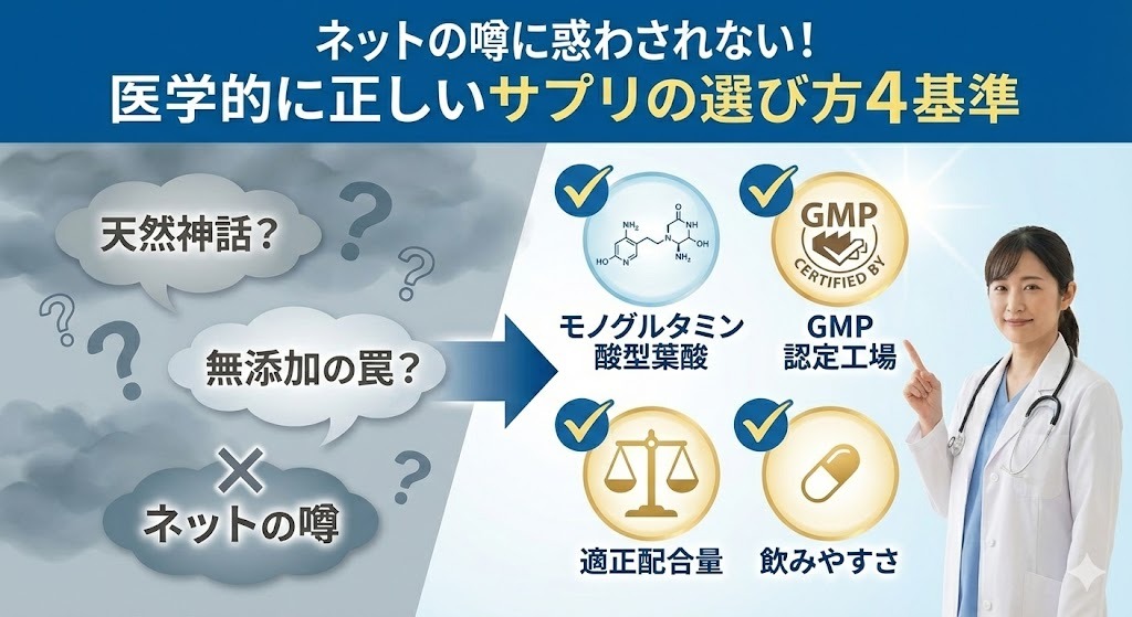 ネット上の不確かな噂(天然、無添加など)と、医学的に正しいサプリの選び方4基準(モノグルタミン酸型、GMP認定、適正配合量、飲みやすさ)を対比させたイラスト。医師が正しい基準を指し示している。