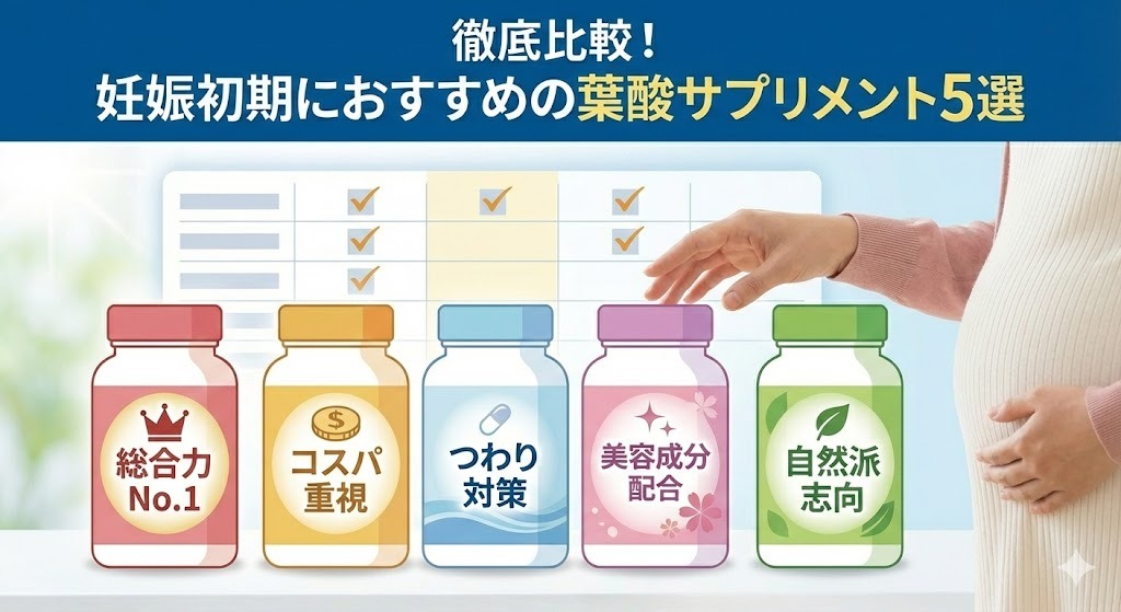 妊娠初期におすすめの葉酸サプリメント5選の比較イラスト。総合力、コスパ、つわり対策など、それぞれの特徴を示すボトルと比較表が描かれている。