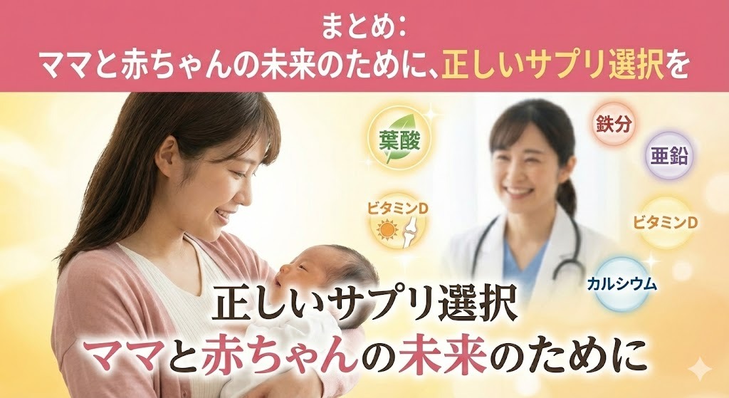 健康な赤ちゃんを抱く母親と笑顔の医師のイラスト。「正しいサプリ選択 ママと赤ちゃんの未来のために」という文字と共に、葉酸や鉄分などの栄養素アイコンが配置されている。
