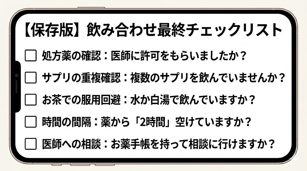 スマートフォンの画面に表示された【保存版】飲み合わせ最終チェックリスト。「処方薬の確認」「サプリの重複確認」「お茶での服用回避」「時間の間隔(薬から2時間)」「医師への相談(お薬手帳持参)」の5項目を確認するためのチェックボックスリスト。