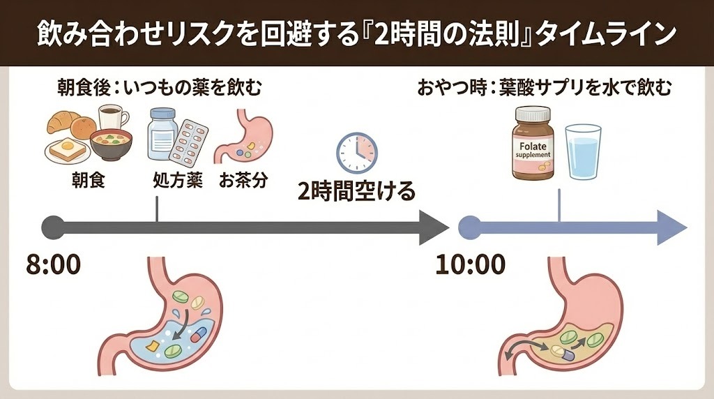 飲み合わせリスクを回避する「2時間の法則」を示したタイムライン。朝8時に朝食と処方薬を摂取し胃の中で混ざる様子と、そこから2時間空けた10時に葉酸サプリを水で飲み、胃の中で混ざらずに吸収される様子を時系列で比較したイラスト。