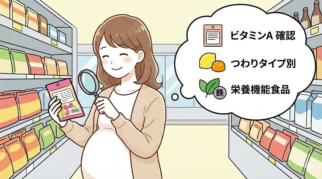 購入前にはパッケージ裏面をチェック。「ビタミンAの有無」「つわりのタイプ」「栄養機能食品かどうか」の3つが選び方の基準です。