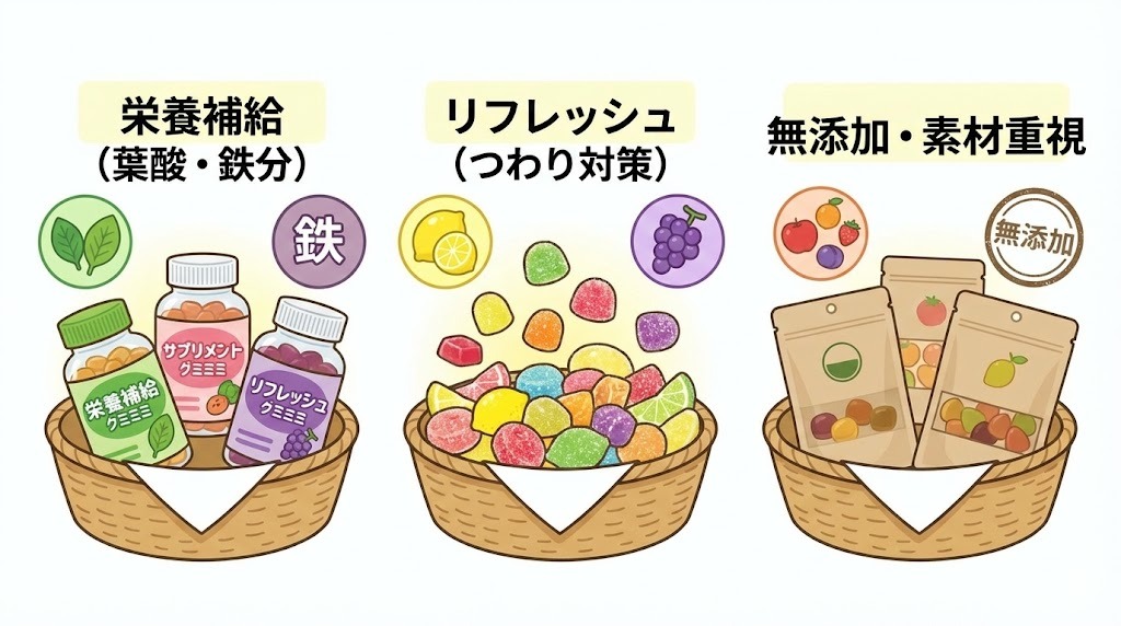 不足しがちな栄養を補う「葉酸・鉄分サプリ」、つわりを和らげる「リフレッシュ系」、素材にこだわった「無添加系」など、目的に合わせて選びましょう。