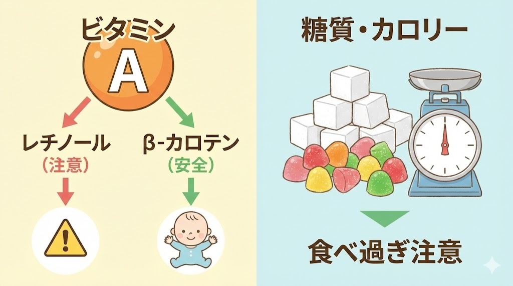 ビタミンAには注意が必要な「レチノール」と安全な「β-カロテン」があります。また、グミの食べ過ぎによる「糖質・カロリー」オーバーにも気をつけましょう。