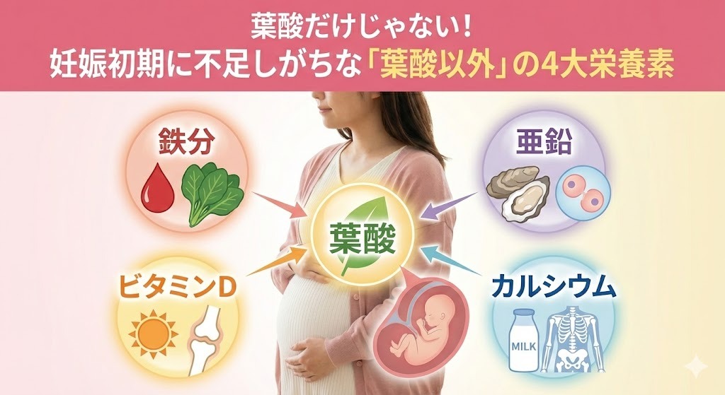 妊娠初期の妊婦に必要な5大栄養素のイラスト。中央の葉酸に加え、鉄分、亜鉛、ビタミンD、カルシウムが不足しがちな栄養素として周囲に配置されている。