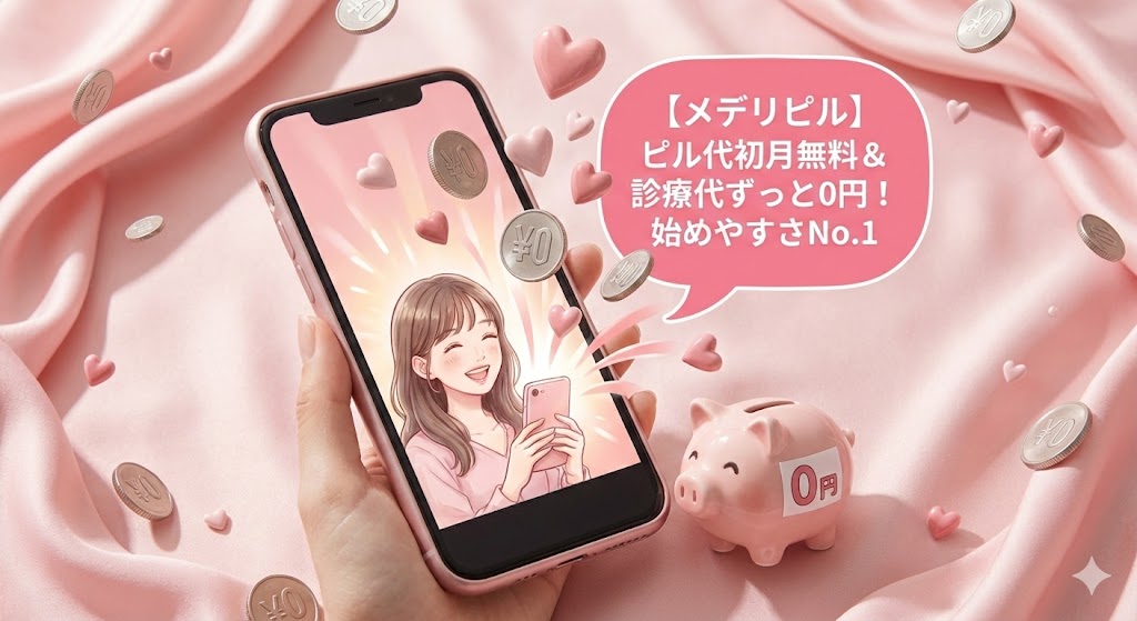スマートフォンの画面から「¥0」のコインやハートが飛び出しているピンク色のイラスト。ピル代初月無料、診療代ずっと0円というメデリピルの金銭的な始めやすさを強調している。
