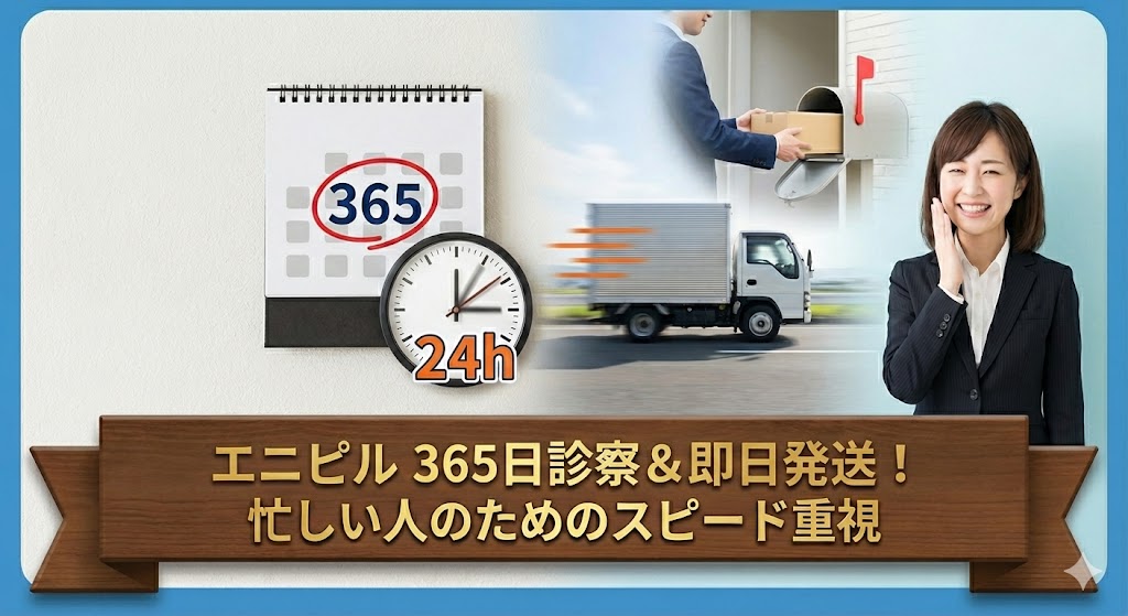 「365」と書かれたカレンダー、時計、スピード線を伴って走る配送トラックのイラスト。エニピルの365日診療と即日発送によるスピード感を表現している。