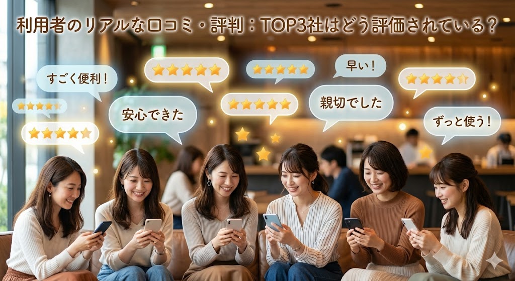 複数の女性のシルエットの周りに、5つ星の評価マークと、好意的なコメントを示す吹き出しが多数浮かんでいるイラスト。オンラインピルのリアルな口コミや良い評判を表している。