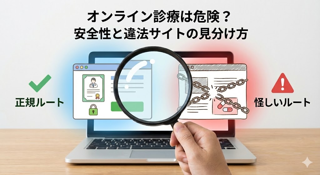 パソコン画面を虫眼鏡でチェックしているイラスト。安全な正規ルートには緑のチェックマーク、危険な違法サイトには赤の警告マークが表示され、見分け方を対比で示している。