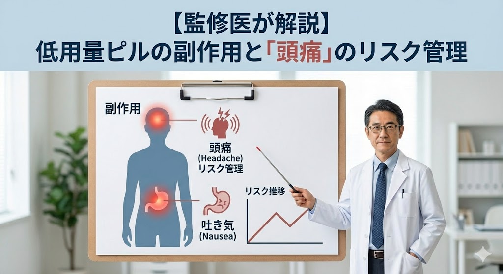 白衣を着た監修医が指し棒を持ち、人体の頭部を示したイラストや医療チャート図を指しながら、ピルの副作用と頭痛のリスク管理について解説している医学的な図解。