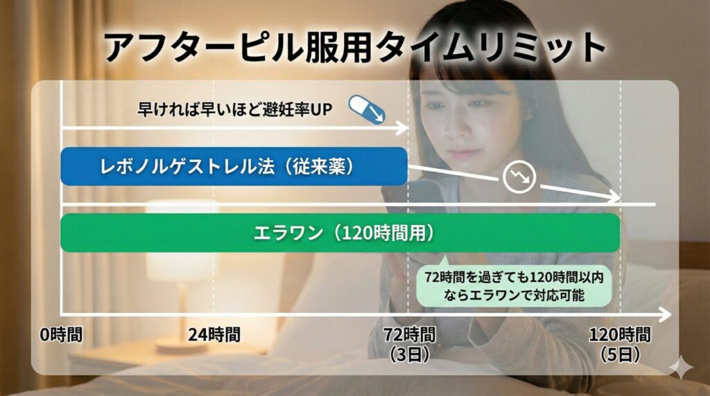 アフターピル(緊急避妊薬)の服用リミット図解。レボノルゲストレル72時間以内とエラワン120時間以内の効果比較