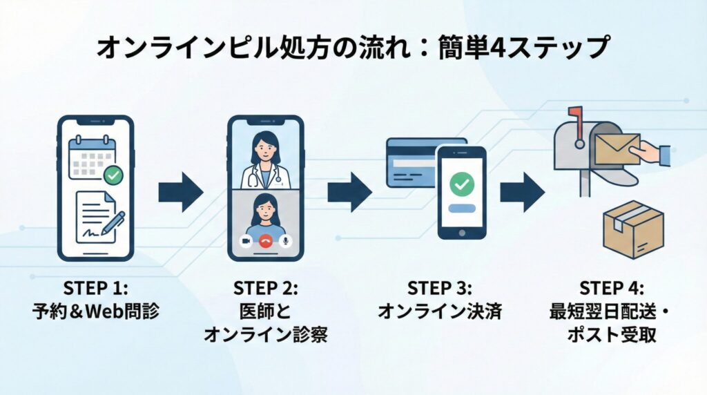 オンラインピル処方の4ステップ流れ図解(予約・問診・決済・配送)