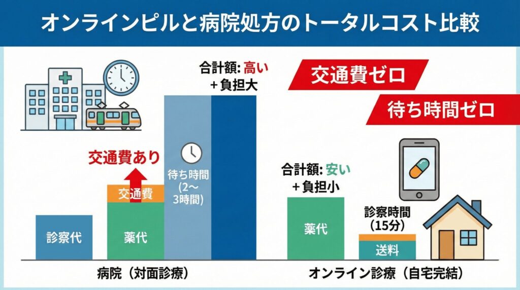 オンラインピルと病院処方のトータルコスト比較図。交通費と待ち時間を考慮するとオンライン診療の方がコストパフォーマンスが良いことを示すグラフ。