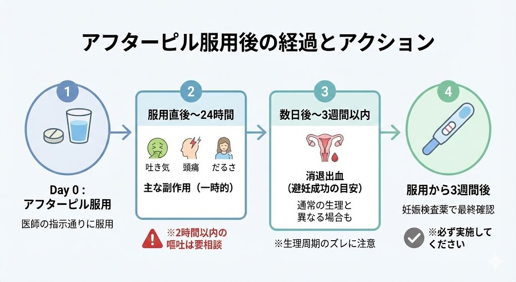 性交後の経過時間に応じた緊急避妊の判断フローを示した図。72時間以内、72〜120時間以内、120時間超のケースごとに、推奨される薬剤や受診方法の選択肢を整理している。