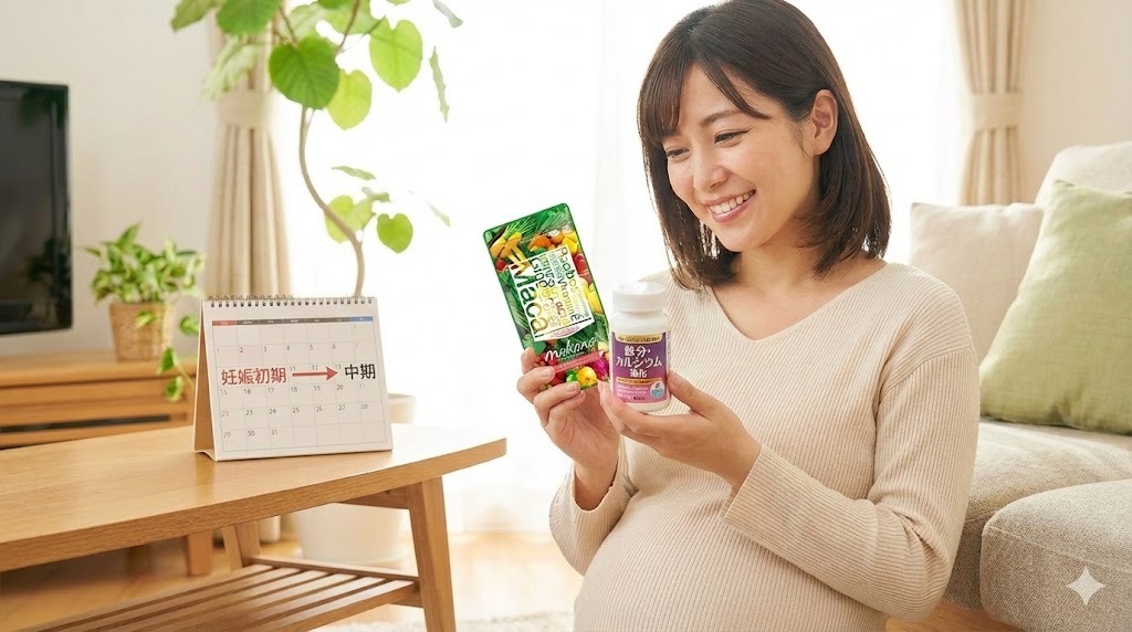 妊娠初期から中期への切り替え時期に、マカナと次のサプリメントを比較検討する笑顔の妊婦さん