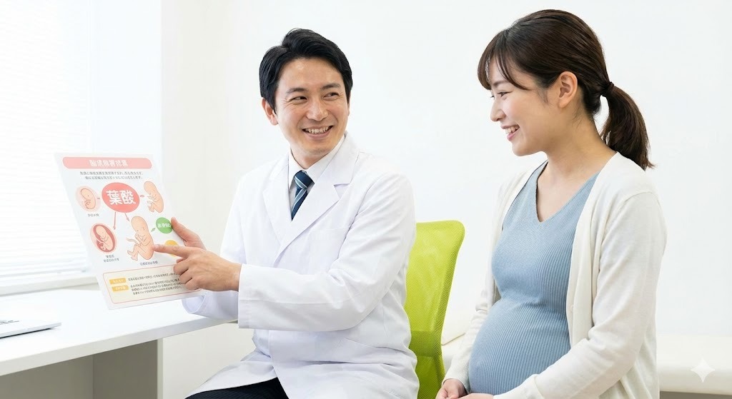 小児科医の先生が葉酸の重要性について妊婦さんに説明している様子。マカナの妊娠中摂取の安全性についても解説。