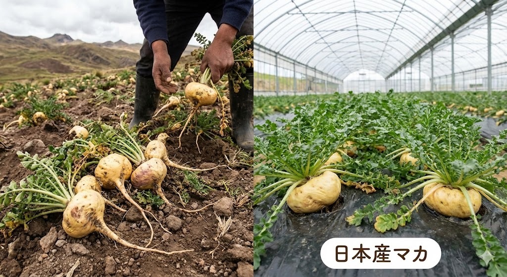 ペルーの自然なマカ畑(左)と、清潔に管理された日本産マカの栽培風景(右)。マカは野菜の一種であることを示す。