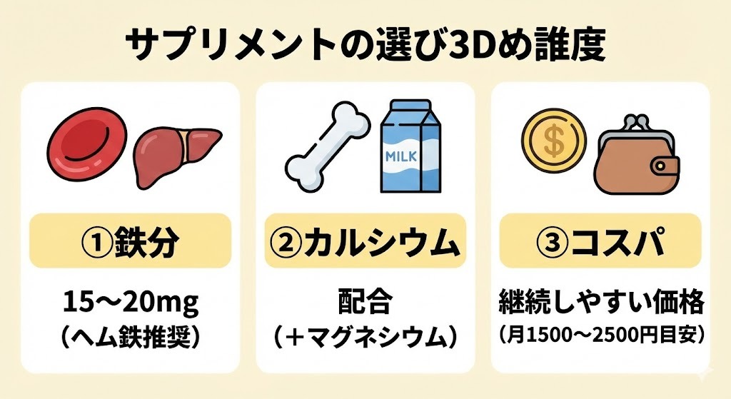 妊娠中期以降のサプリメント選びの3つの基準(鉄分、カルシウム、コスパ)をまとめたアイコンイラスト。