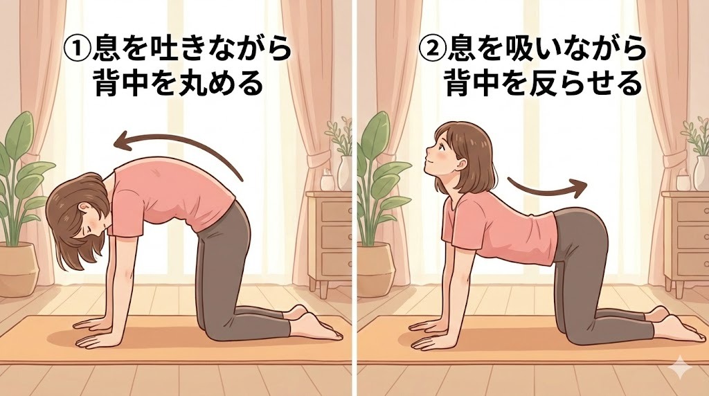骨盤の血流を促すヨガの「猫のポーズ」のイラスト解説。1コマ目は「息を吐きながら背中を丸める」、2コマ目は「息を吸いながら背中を反らせる」動作を女性のイラストで示している。