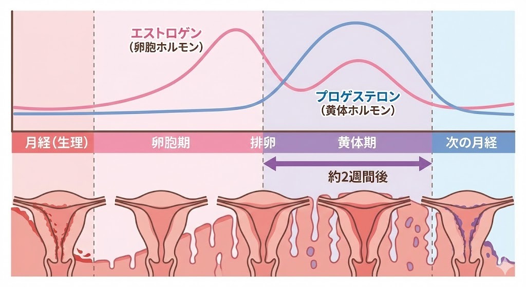 月経周期と女性ホルモン(エストロゲン・プロゲステロン)の分泌量の変化、および子宮内膜の様子を示した図解。排卵から次の月経まで約2週間かかることが矢印で示されている。