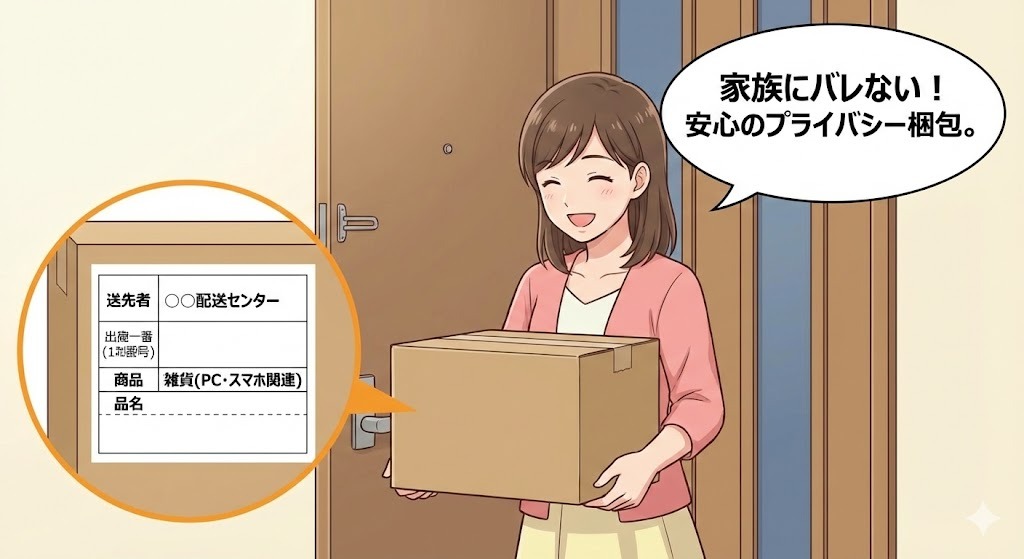 自宅の玄関で、オンラインピルが届いた無地のダンボール箱を受け取り、安心した表情で微笑む女性のイラスト。箱の送り状が拡大表示されており、送付者が「〇〇配送センター」、品名が「雑貨(PC・スマホ関連)」と記載されていることが分かる。女性のセリフの吹き出しには「家族にバレない!安心のプライバシー梱包。」と書かれている。