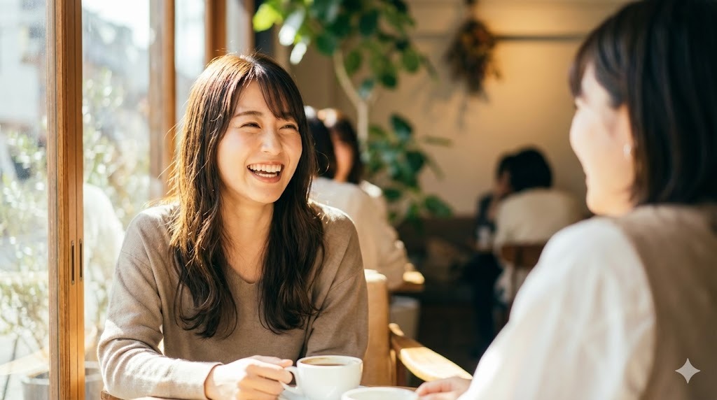 生理痛やPMSの悩みから解放され、カフェで友人と笑顔で会話を楽しんでいる健康的な20代女性のポートレート。