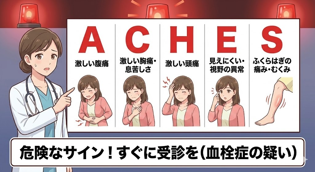血栓症の危険なサインを示す「ACHES(エイクス)」の頭文字と、それぞれの症状を解説した医療警告イラスト。医師が深刻な表情で指差し、上部に赤字で大きく「ACHES」と表示されている。その下に、A「激しい腹痛」、C「激しい胸痛・息苦しさ」、H「激しい頭痛」、E「見えにくい・視野の異常」、S「ふくらはぎの痛み・むくみ」の症状が、苦しむ人物のイラストと共に日本語で説明されている。下部には「危険なサイン!すぐに受診を(血栓症の疑い)」という警告メッセージがある。背景には赤い回転灯が点滅している。
