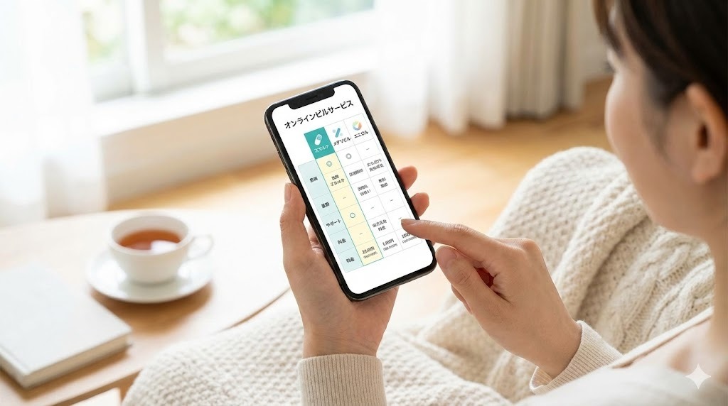 スマートフォンで『スマルナ』『メデリピル』『エニピル』などのオンラインピルサービス比較表を見ながら、サポート体制や料金を確認している女性の手元。