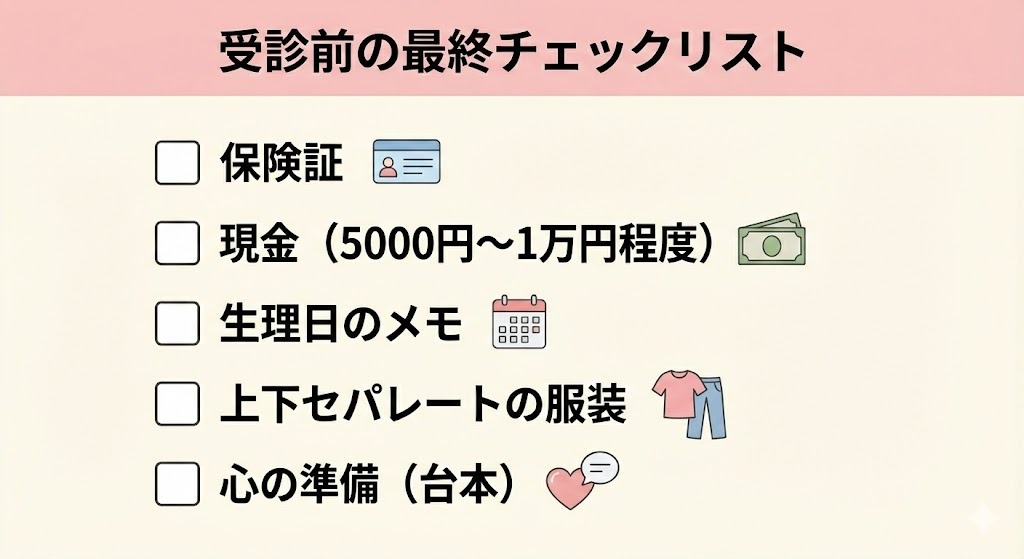 婦人科受診前の持ち物と準備の最終チェックリスト:保険証、現金(5000円〜1万円)、直近の生理日のメモ、上下セパレートの服装、心の準備(台本)。