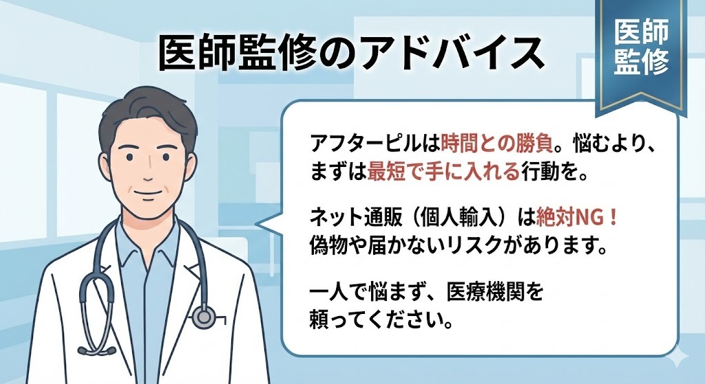 「医師監修のアドバイス」と題されたイラスト。白衣を着た男性医師のイラストの横に、大きな吹き出しで「アフターピルは時間との勝負。悩むより、まずは最短で手に入れる行動を。」「ネット通販(個人輸入)は絶対NG!偽物や届かないリスクがあります。」「一人で悩まず、医療機関を頼ってください。」という重要なメッセージが書かれている。右上に「医師監修」のバッジがある。