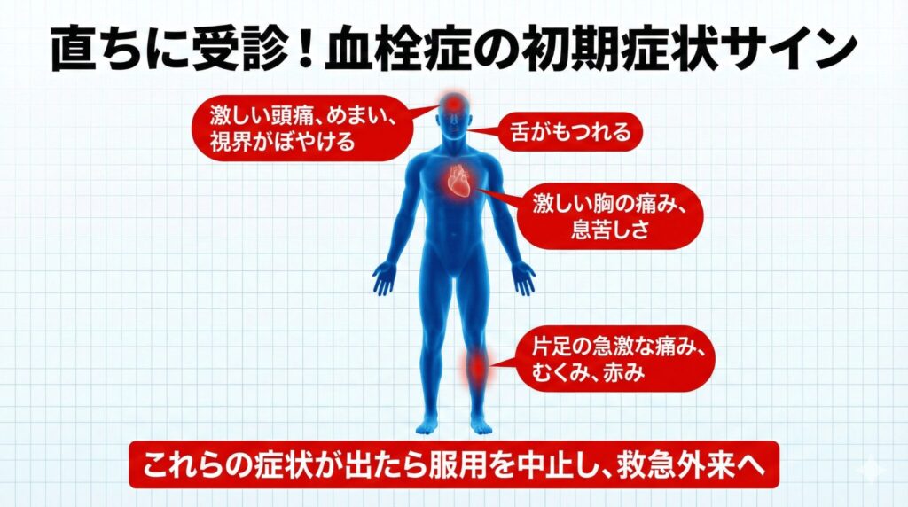 低用量ピルの副作用である血栓症の初期症状チェックリスト。ふくらはぎの痛み、胸痛、頭痛など直ちに受診すべきサインの図解