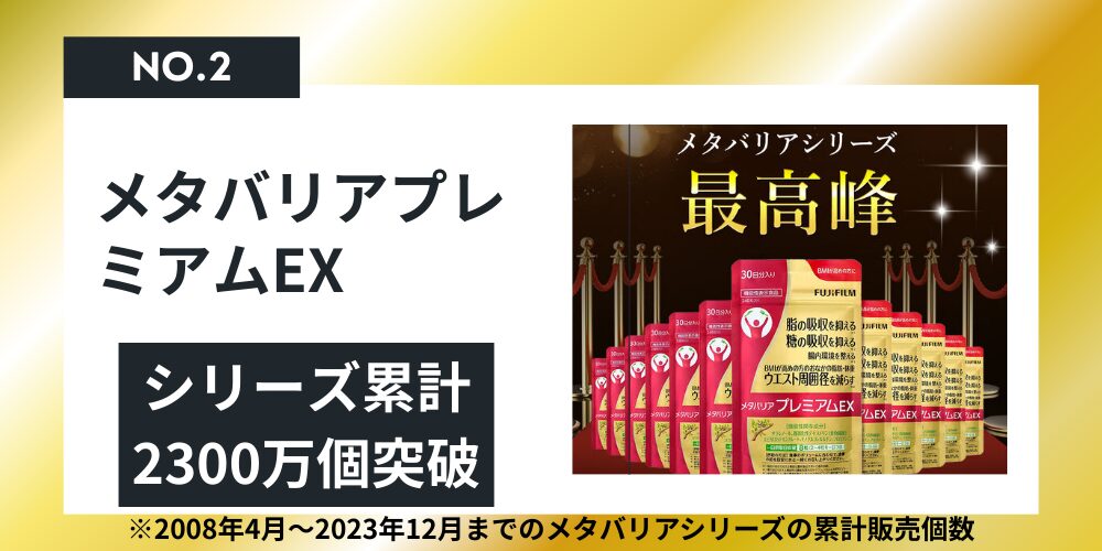 メタバリアプレミアムEX（富士フイルム）がシリーズ累計で2300万個突破したと表記した画像