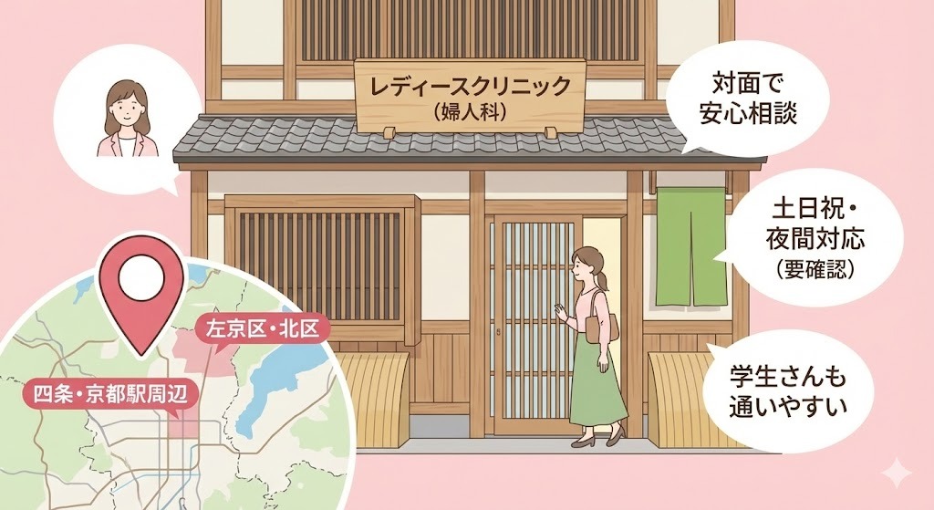 京都の町家風のレディースクリニック(婦人科)の外観イラスト。女性がクリニックに入ろうとしており、周囲の吹き出しには「対面で安心相談」「土日祝・夜間対応(要確認)」「学生さんも通いやすい」と書かれている。左下には「四条・京都駅周辺」「左京区・北区」をピンで示した京都の地図が表示されている。