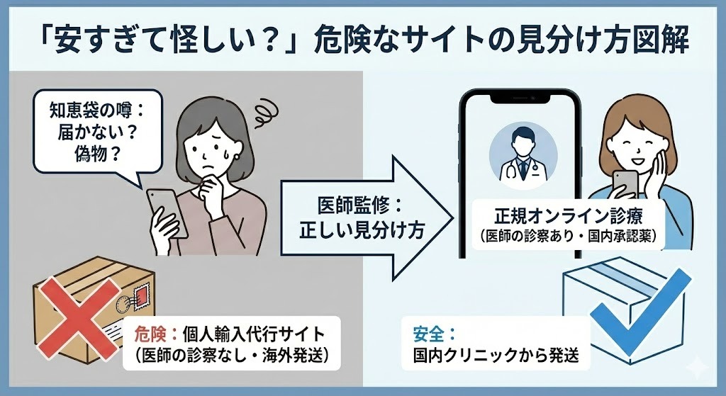 「安すぎて怪しい?」知恵袋の失敗談から学ぶ、危険なサイトの見分け方図解