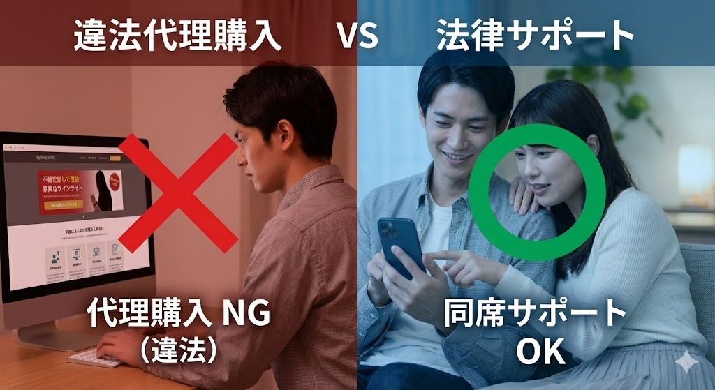 【結論】男性の「代理購入」は違法だが「サポート」は可能を表した画像