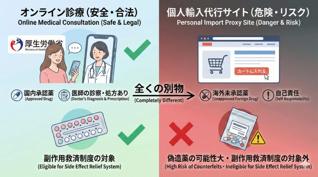 オンラインピル(オンライン診療)と個人輸入代行サイトの安全性比較図解