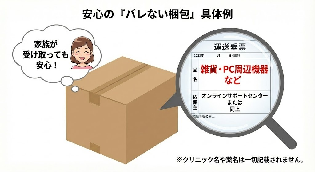 オンライン診療のアフターピルが家族にバレない梱包で届く具体例のイラスト。無地の段ボールの運送伝票を拡大鏡で示し、品名が「雑貨・PC周辺機器 など」、依頼主が「オンラインサポートセンター または 同上」となっており、クリニック名や薬名が一切記載されていないことを説明しています。