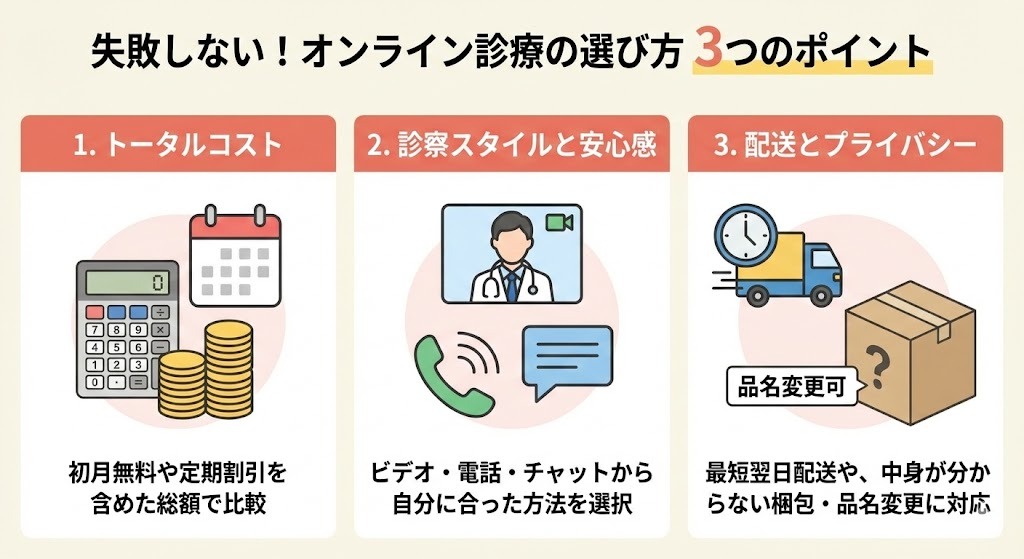 オンライン診療の選び方3つのポイント。「1.トータルコスト」(電卓とカレンダー)、「2.診察スタイルと安心感」(ビデオ通話と電話・チャットアイコン)、「3.配送とプライバシー」(配送トラックと品名変更可能な段ボール箱)のイラストと解説。
