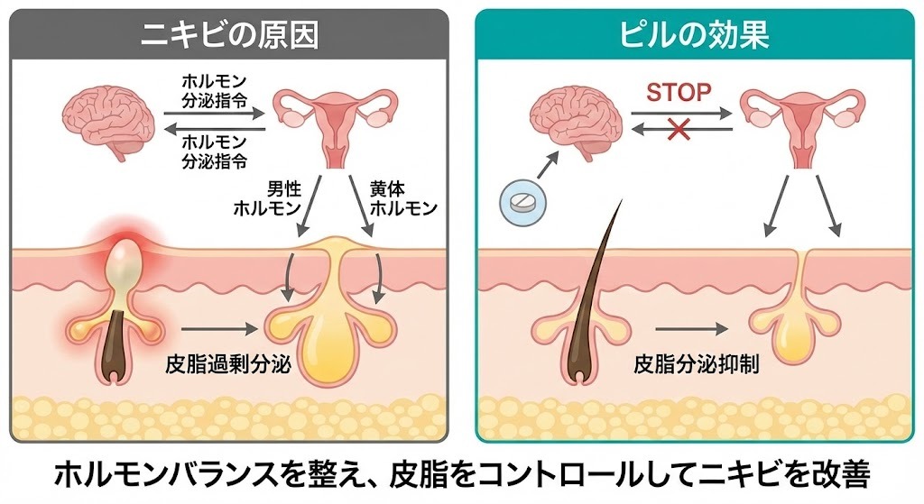 ニキビの原因(左)とピルの効果(右)を比較した図解。左側は脳からのホルモン指令で皮脂腺が刺激されニキビができる様子。右側はピル服用により脳の指令が止まり、皮脂分泌が抑制されてニキビが改善する様子を示している。