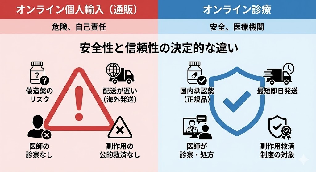 アフターピルのオンライン個人輸入(通販)の危険性とオンライン診療の安全性を比較した図解。個人輸入は「偽造薬のリスク」「配送が遅い」「医師の診察なし」「公的救済なし」のため危険。対してオンライン診療は「国内承認薬(正規品)」「最短即日発送」「医師が処方」「救済制度の対象」であり安全であることを対比して解説。