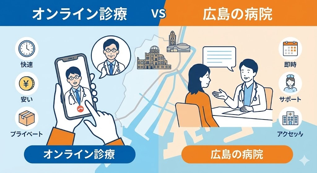 オンライン診療と広島の病院でのアフターピル処方を比較したイラスト。オンラインはスマホで完結し安くてプライベート、病院は対面で即時処方というそれぞれのメリットを図解。
