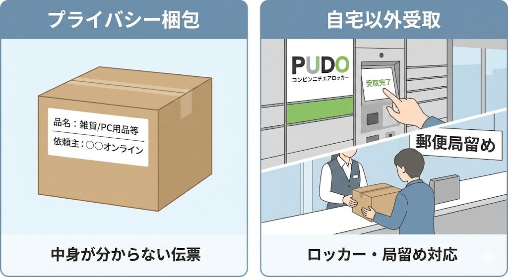 アフターピルを誰にもバレずに受け取る方法のイラスト。中身が分からないプライバシー梱包の例と、宅配ロッカー(PUDO)や郵便局留めを利用する様子。