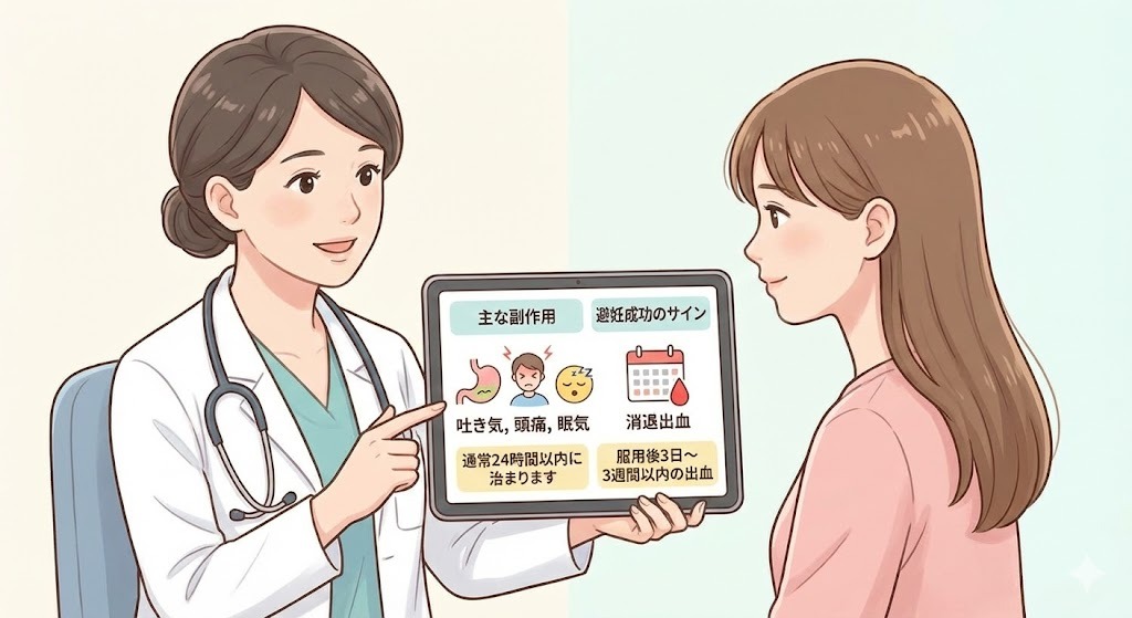 医師が患者にアフターピルの主な副作用(吐き気など)と、避妊成功のサインである消退出血についてタブレットを使って説明しているイラスト。